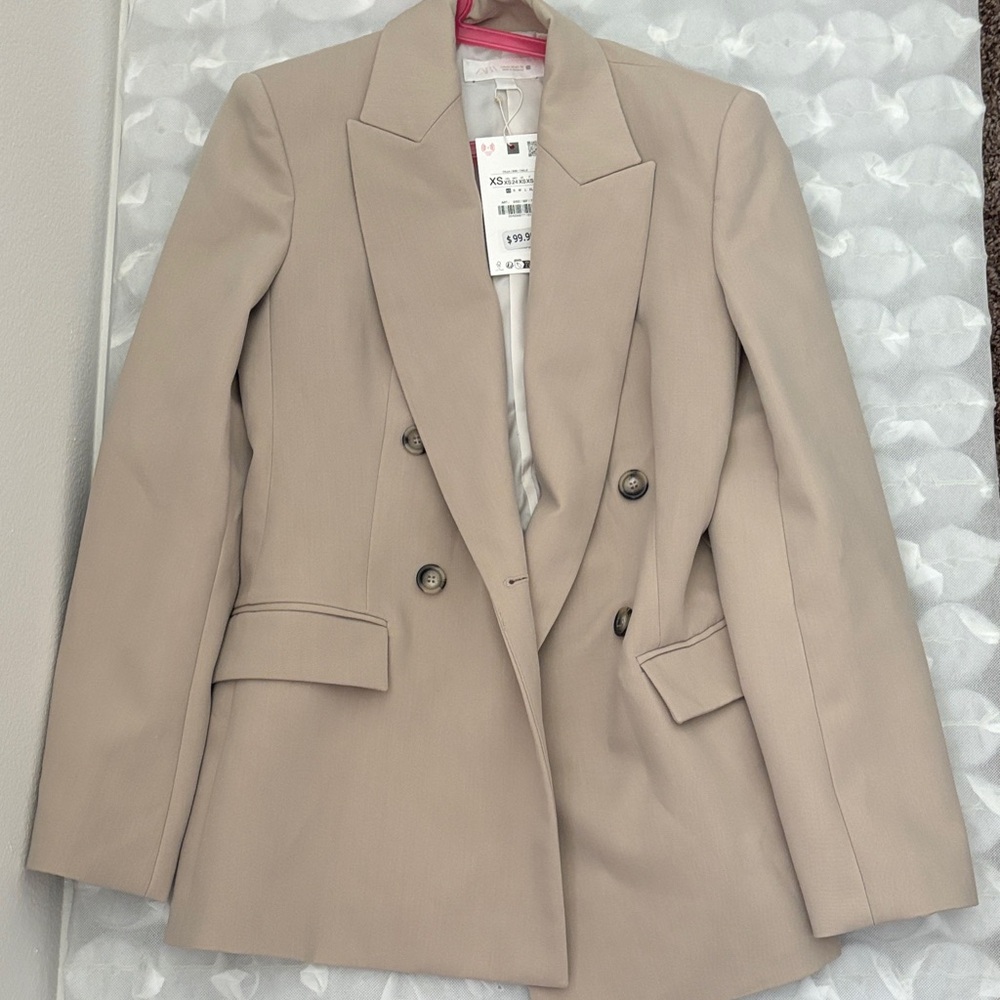 Zara Double-Breasted Blazer in Beige